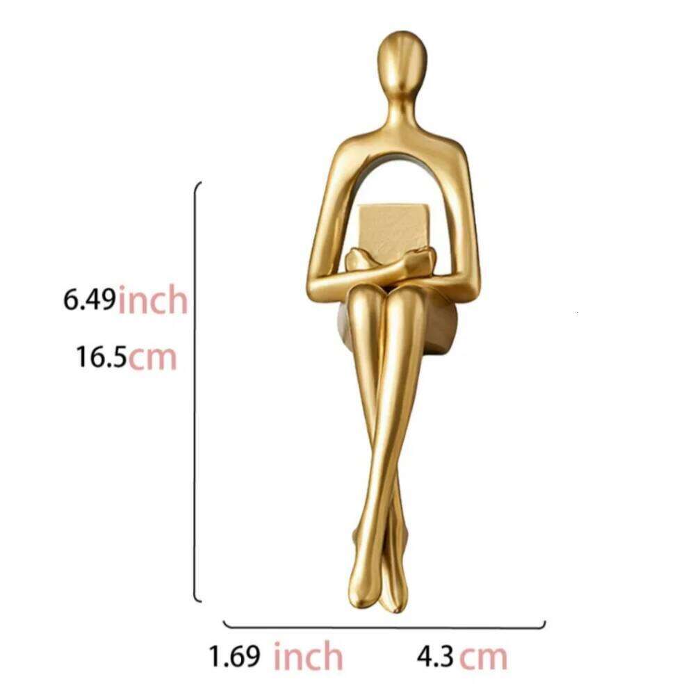 New Resin Human Body Art Abstract Design Golden Finish Figure Statue Thinking Reading Man Desktop Ornament Home Decor Y260202