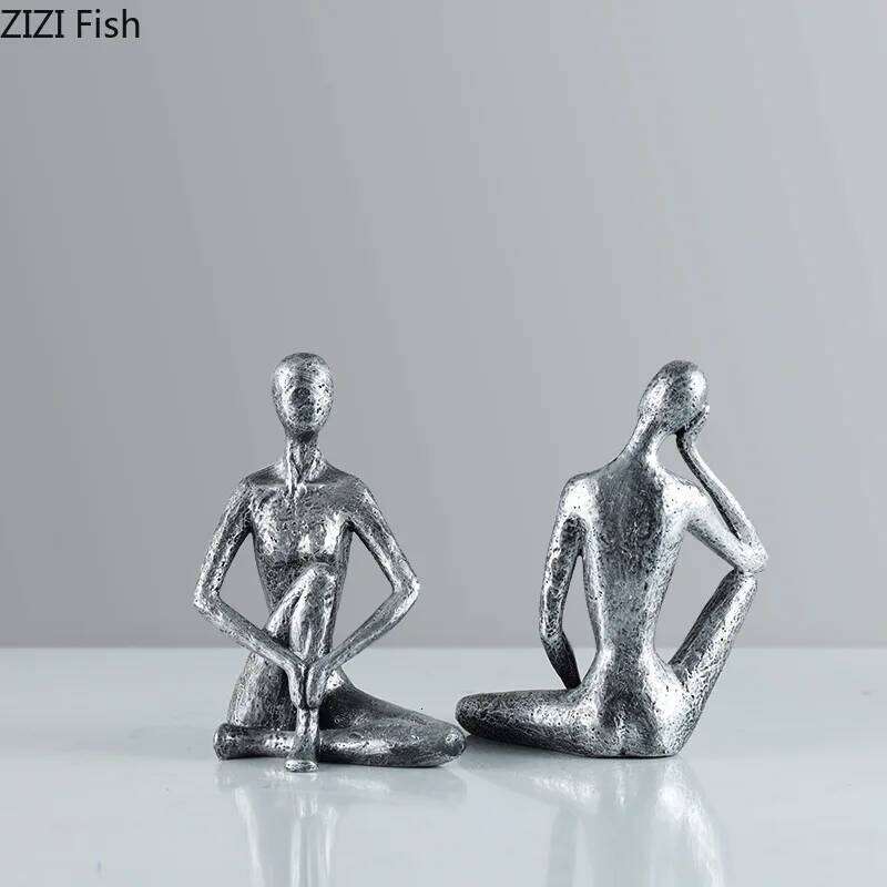 Silver Abstract Figures Statue Thinker Ornaments Desk Decoration Yoga Character Resin Sculpture Crafts Room Aesthetic Decor Y260202