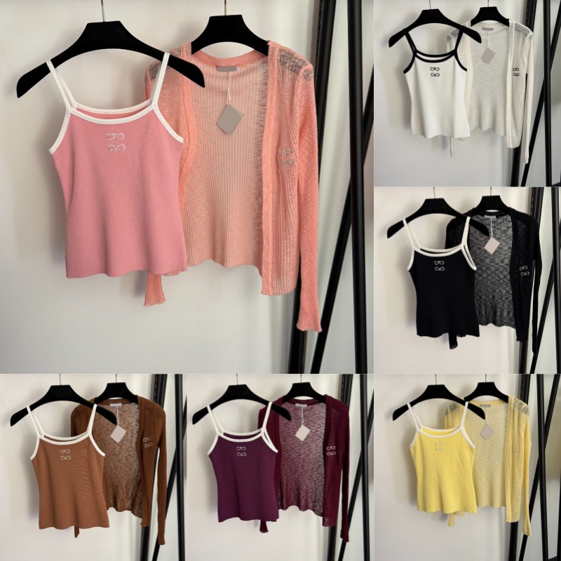 Luxury Embroidered Knitted Vest Cardigan Outfits For Women Designer Thin See Through Knit Cardigan Slim Fit Tank Top 2 Piece Set