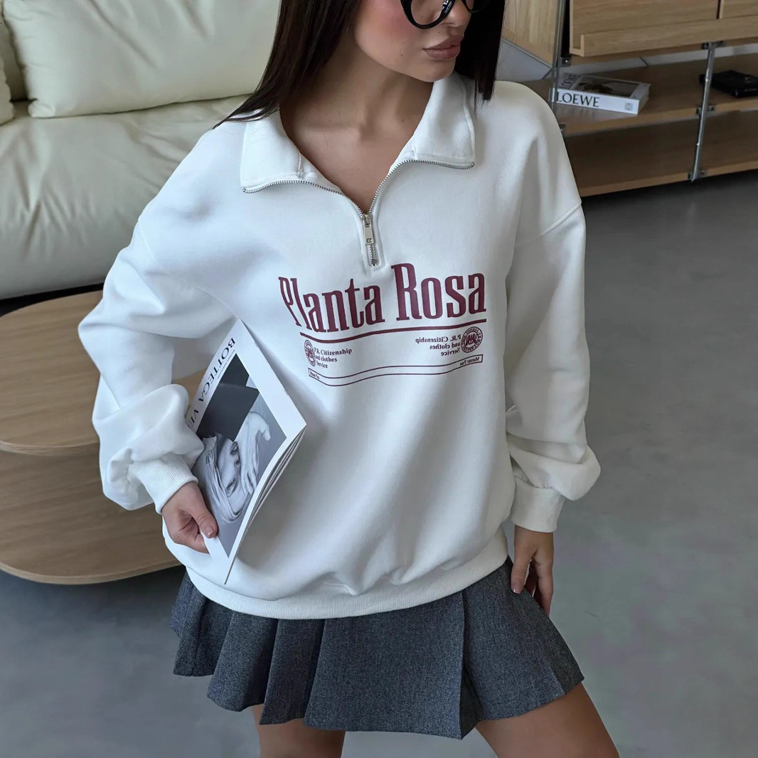 Autumn Winter American Style Lazy Letter Print Loose Versatile Trendy Warm Turndown Collar Halfzip Sweatshirt for Women 240718