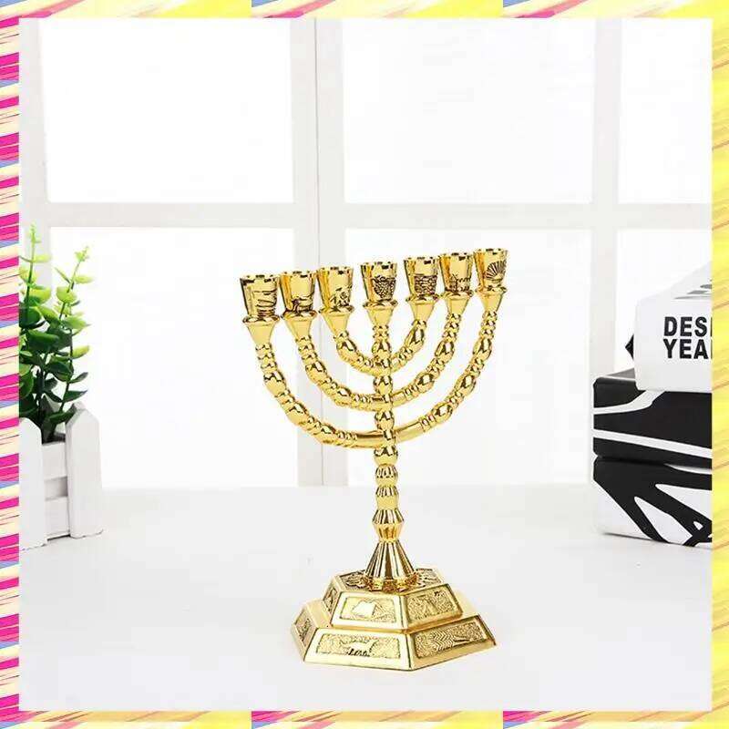 ABJJ Golden Jewish Candle-Holders Religions Candelabra Hanukkah Candlesticks 7 Branch Menorah Y260131