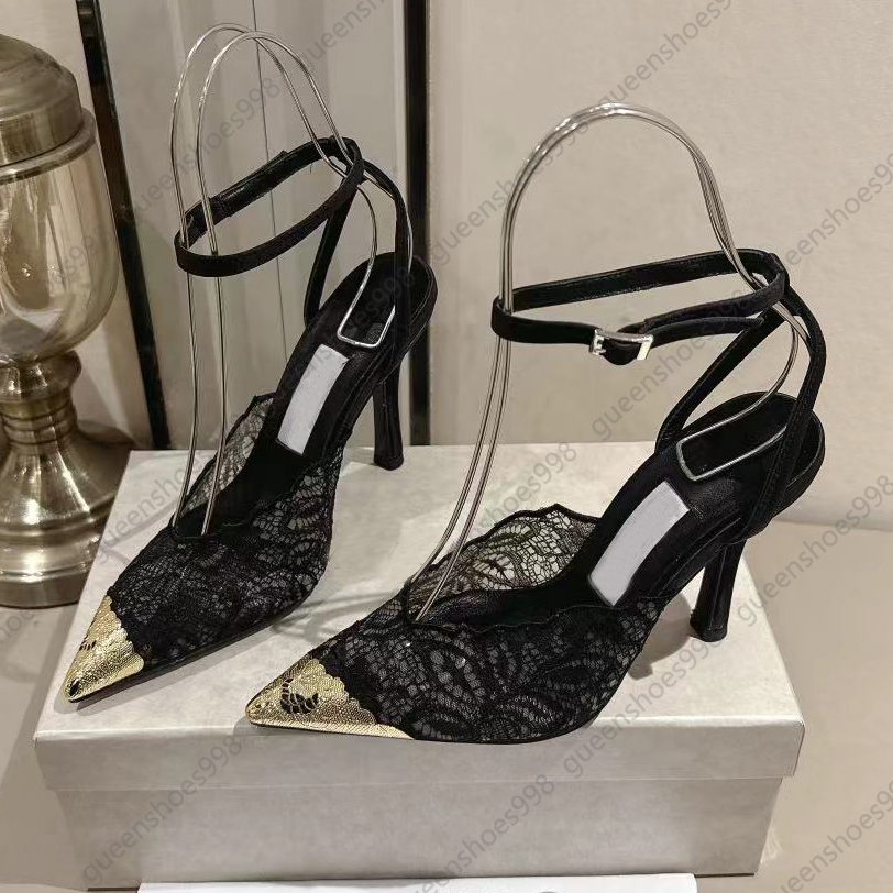 Elegant lace hollow out leaf slingbacks womens satin fashion luxury designer sandals with patchwork leather ankle straps 10cm high heels white party wedding shoes