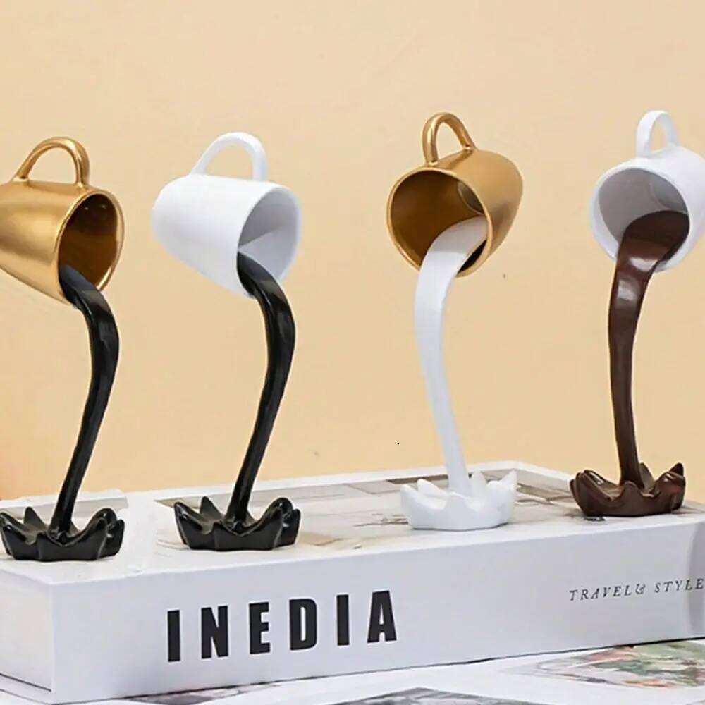 High-end 3d Floating Spilling Resin Craft Decorative Coffee Ornaments Suspended Cup Sculpture Desktop Y260202