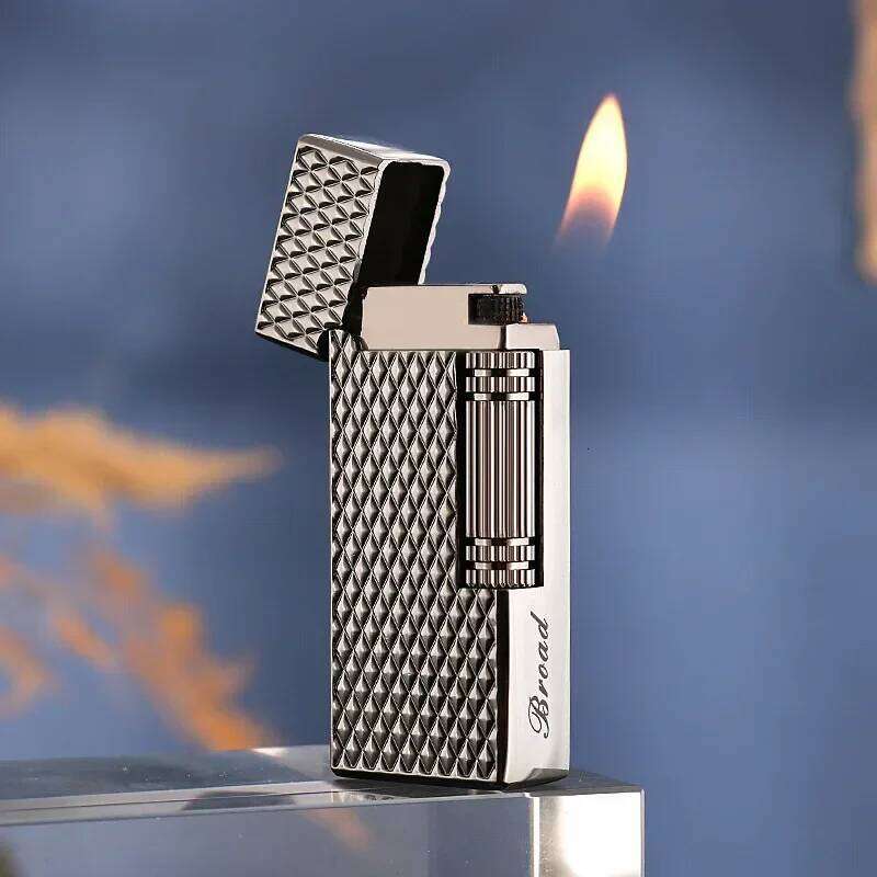 Grinding Wheel Side Slide Tilt Butane Gas Lighter, High Quality Metal Embossed Open Flame Lighters, Cigarette Accessories W260202