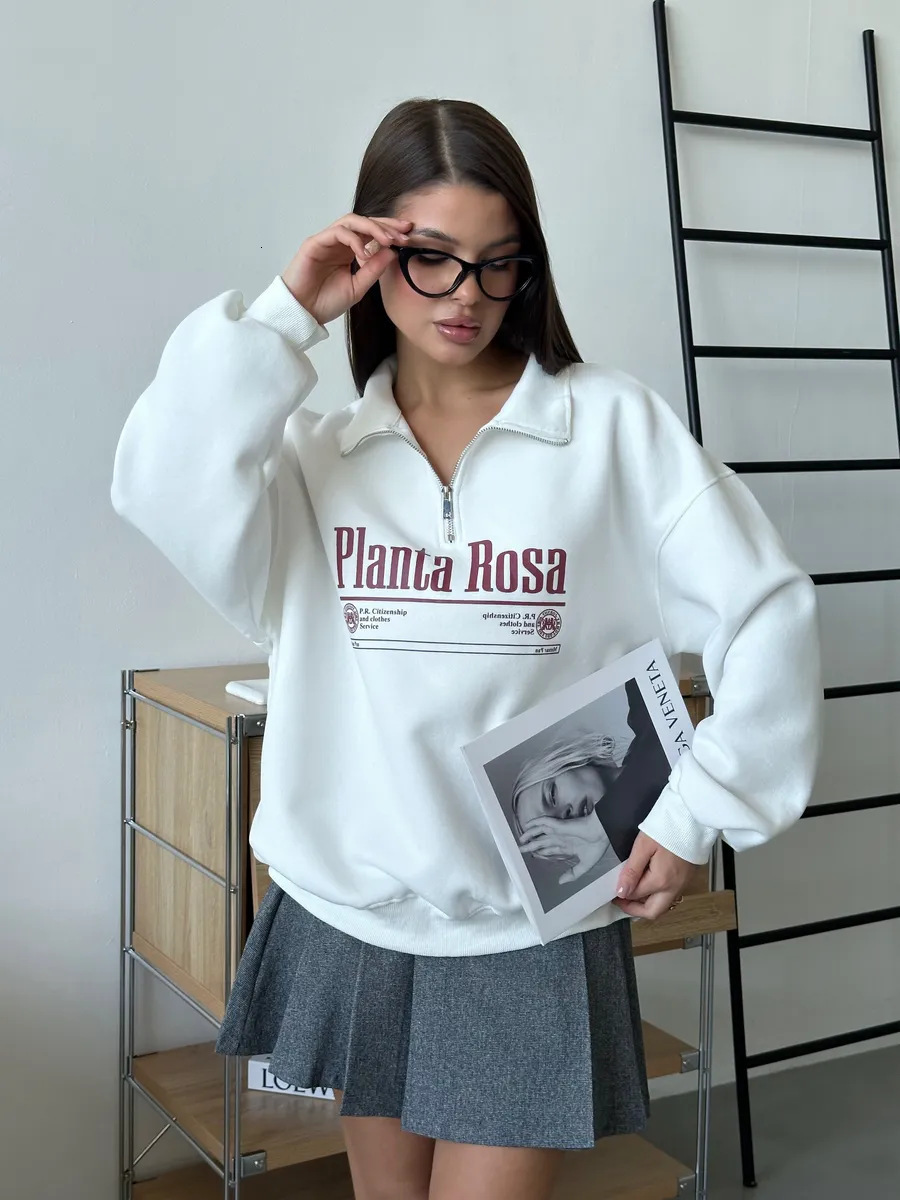 Autumn Winter American Style Lazy Letter Print Loose Versatile Trendy Warm Turndown Collar Halfzip Sweatshirt for Women 240718