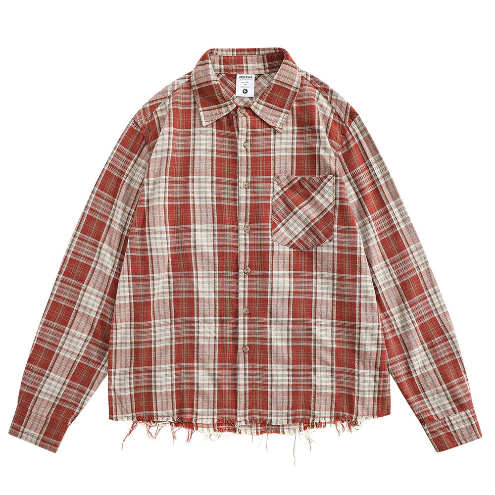 Color-Block Plaid Long-Sleeve Shirt Autumn Mens American Style Cool Trendy Frayed Loose Casual Versatile Cardigan Shirt