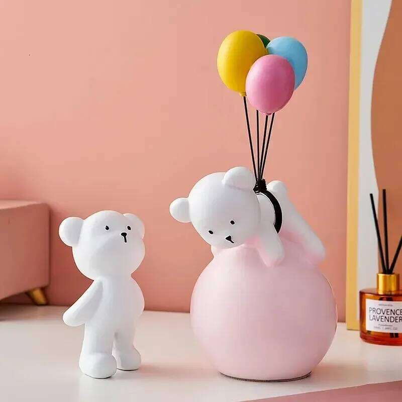 Cartoon Balloon Bear Statue Ornaments Cute Flying Sculpture Children Room Living Home Decor Office Desktop Y260202