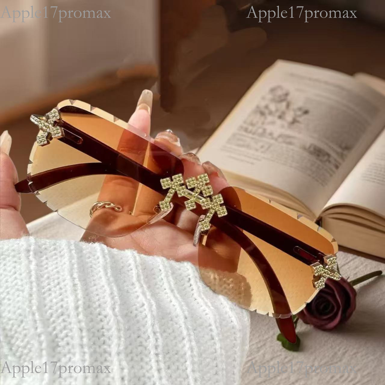 Luxurious Brand Designer Lady's Rimless Cut-edge Sunglasses Square Frame, High-end Feel Lace Decoration Diamond-encrusted Lenses Fashionable For 