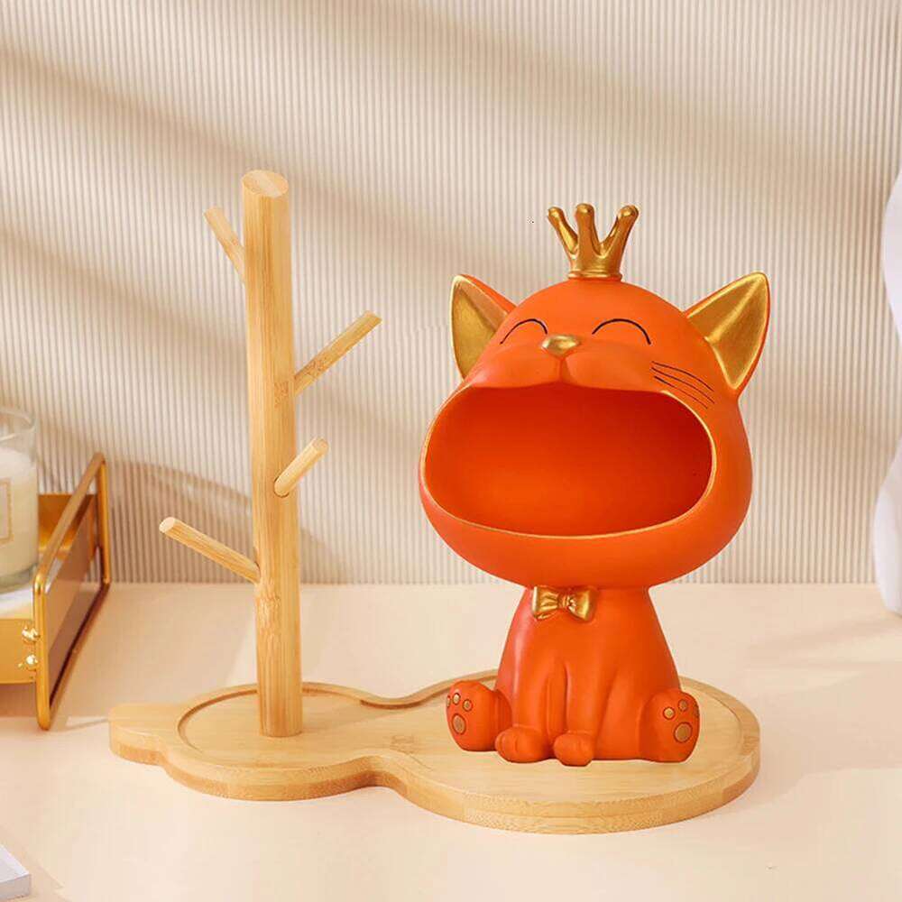 Storage With Wooden Rack Big Mouth Cat Resin Table Sculpture Entrance Crafts Household Supplies for Office Coffee Shop Y260202