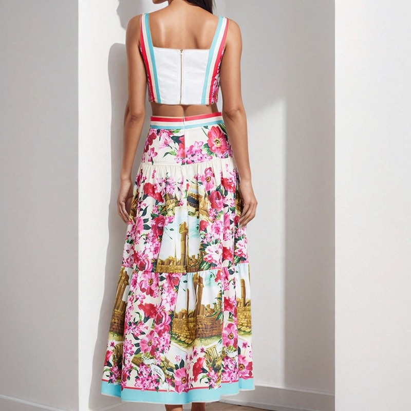 Spring new women's clothing - sexy patchwork plunging bandeau halter half-length skirt fashion set - two-piece set