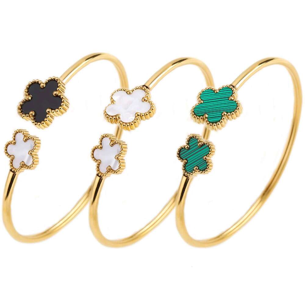 Gold-Plated Stainless Steel Five-Leaf Flower Open Bangle Luxury For Woman Girl Party Lucky Jewelry Accessories Daily Wear Clover H260202