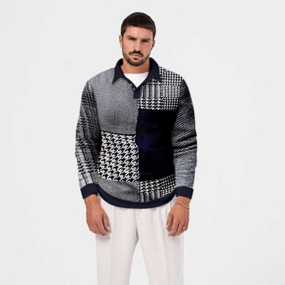 Men's Clothing New Fashion Casual Turn-Down Collar cDigital Print Men's polo shirts Casual Casual Long Sleeve Plaid