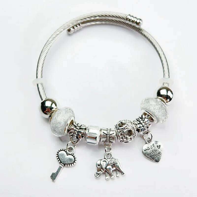 Adjustable Silver Color Alloy Elephant Heart Pendant Artificial Zircon Bangle Round Bead Bracelet Cuff for Women Elegant Wedding H260202