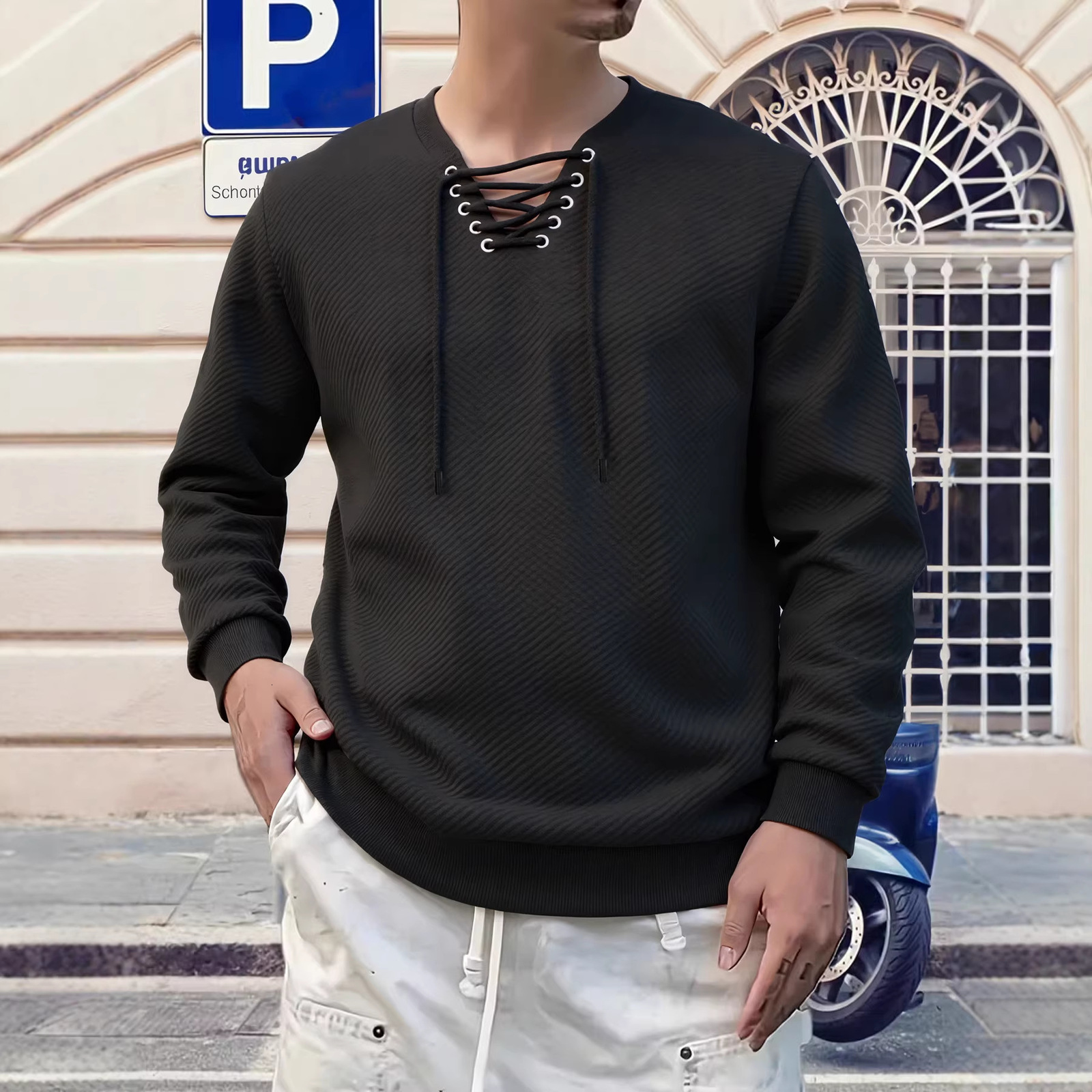 Textured Laceup Vneck Clean Fit Long Sleeve Tshirt for Men Spring and Autumn Trendy Brand Design Cool Knitted Striped Top 240717