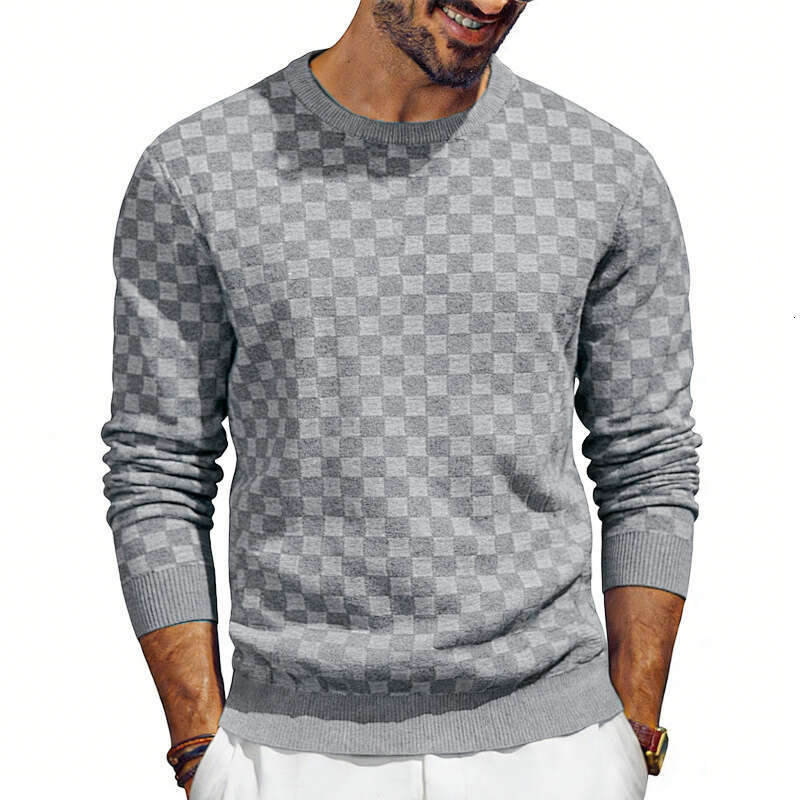 Men's Sweatshirt Style Spring and Autumn Loose Casual Simple Towel Jacquard Checkerboard Round Neck Long Sleeve Outdoor Recreation