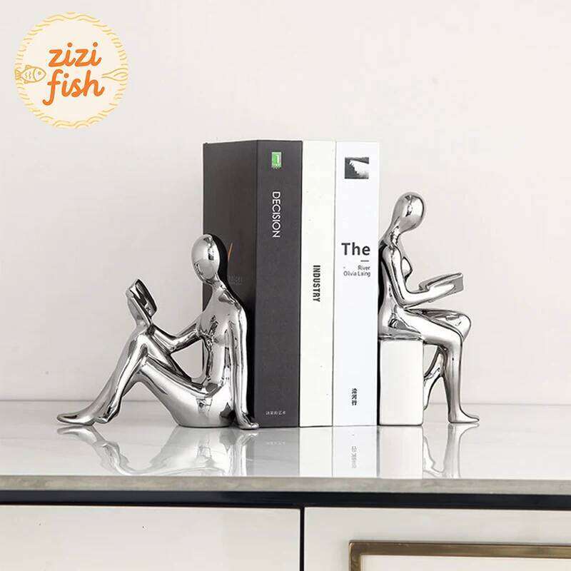 Reader Character Ceramic Statue 2pcs Library Bookshelves Bookend Creative Crafts Ornament Figures Sculpture Room Aesthetic Decor Y260202