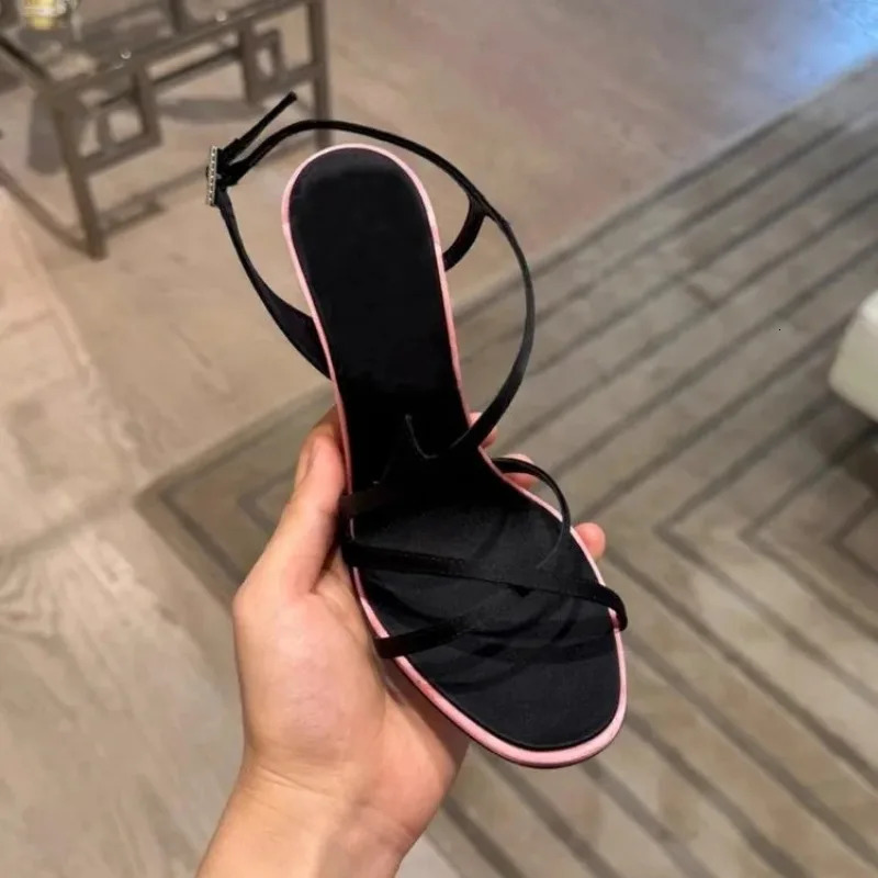 Satin Color Block Stiletto High Heels with One Belt Summer Temperament Versatile Sandals 260130