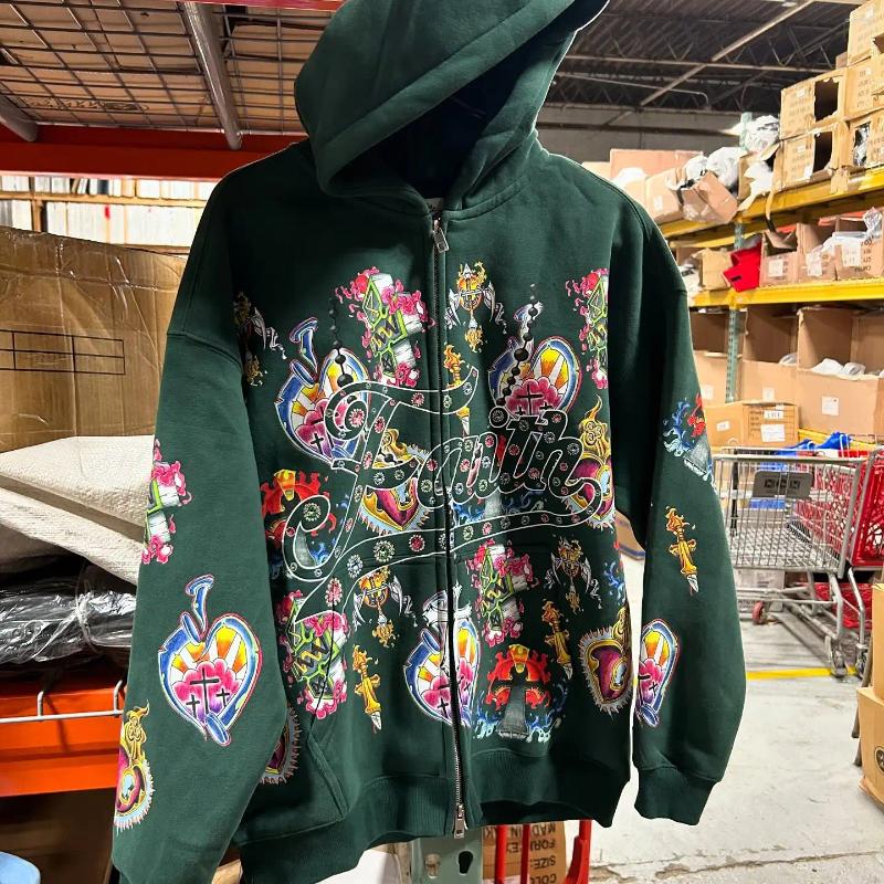Men's Hoodies Sweatshirts American Retro Hooded Sweater For Men And Women Lovers God Lazy Wind Printed Long Sleeve Zipper Promo Daily Outfit Men&