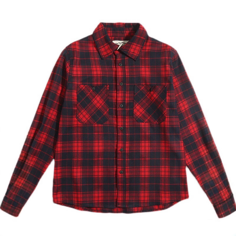 American Plaid Shirt Trendy American Style Thickened Double Pocket Workwear Long Sleeve Shirt for Men 210410