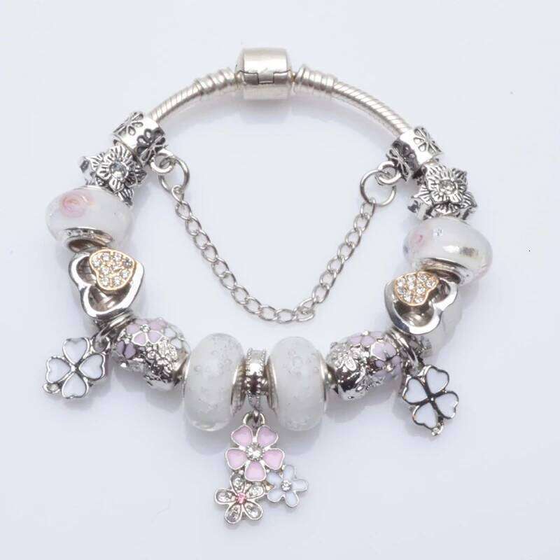 Cherry Blossoms Pendant Charm With White Love Heart & Crystal Beads Brand Bracelets Bangles For Women Fashion Jewelry H260202