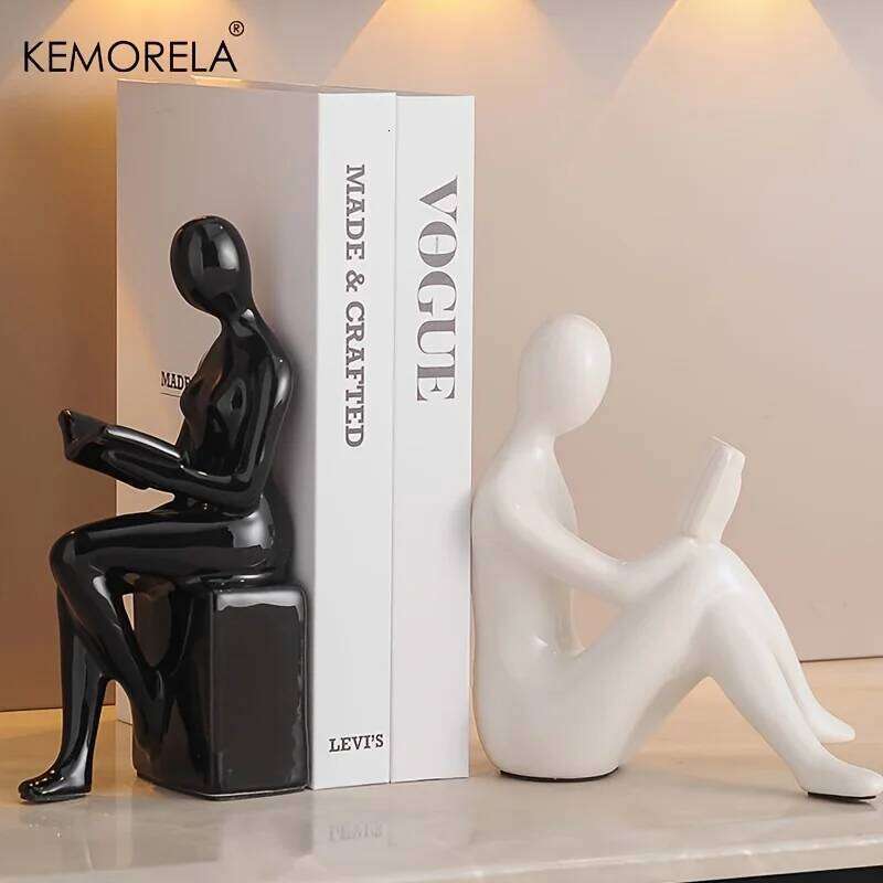 KEMORELA 2PCS Ceramic Material Statue of Person Reading a Book Home TV Wine Cabinet Office Decorations Living Room Decoration Y260202