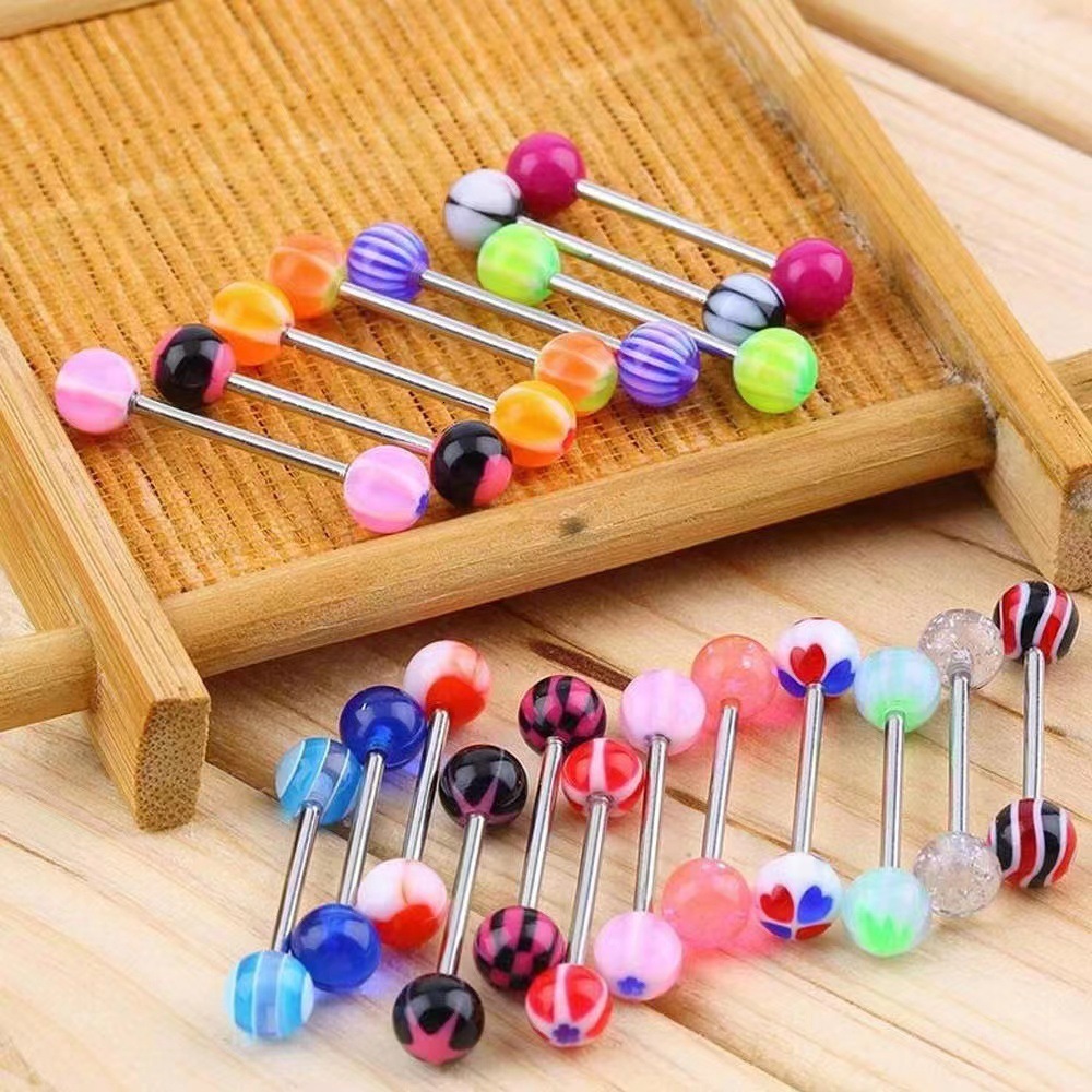 Acrylic Tongue Stud Tongue Ring Stainless Steel Mixed Color Piercing Jewelry 240409