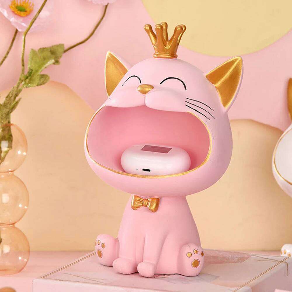 Storage With Wooden Rack Big Mouth Cat Resin Table Sculpture Entrance Crafts Household Supplies for Office Coffee Shop Y260202