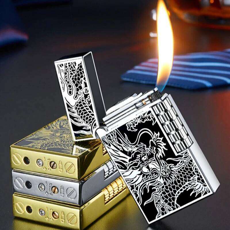 2024 Metal Steel Sound Chinese Dragon Oblique Fire Inflatable Lighter Side Pulley Igniting Butane Gas Pipe Lighters Smoking Gift W260202