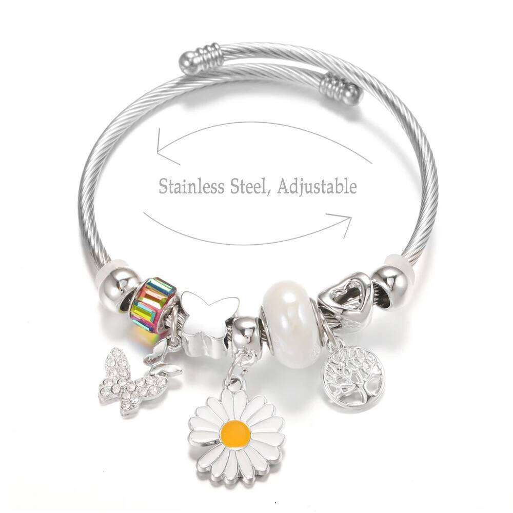 New Rhinestone Butterfly Pendant Stainless Steel Beaded 4 Colors Painted Flowers Closure Bangles Bracelet Women Jewelry H260202