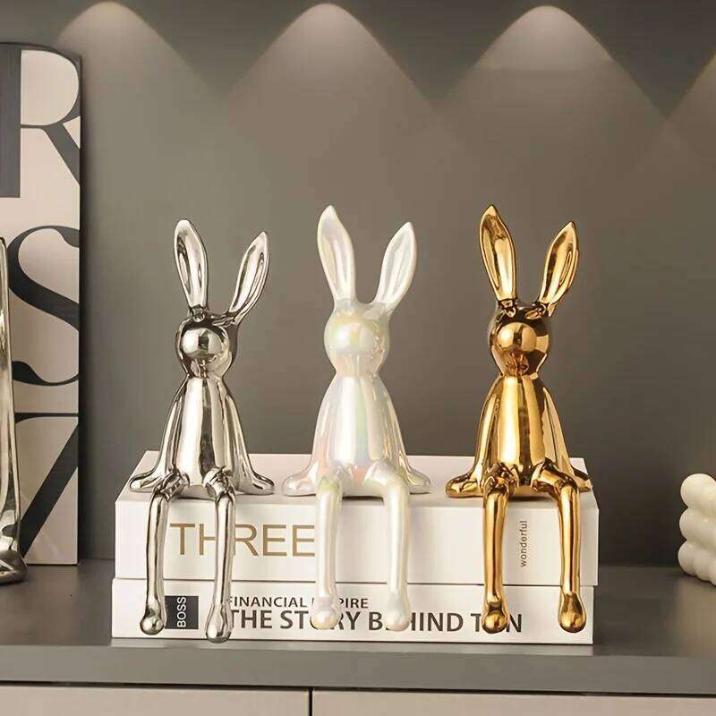 1PCS Ceramic Long-Eared Sitting Rabbit Room Ornaments Statue Luxury Decoration Accessories High-End Home Art Aesthetics Y260202