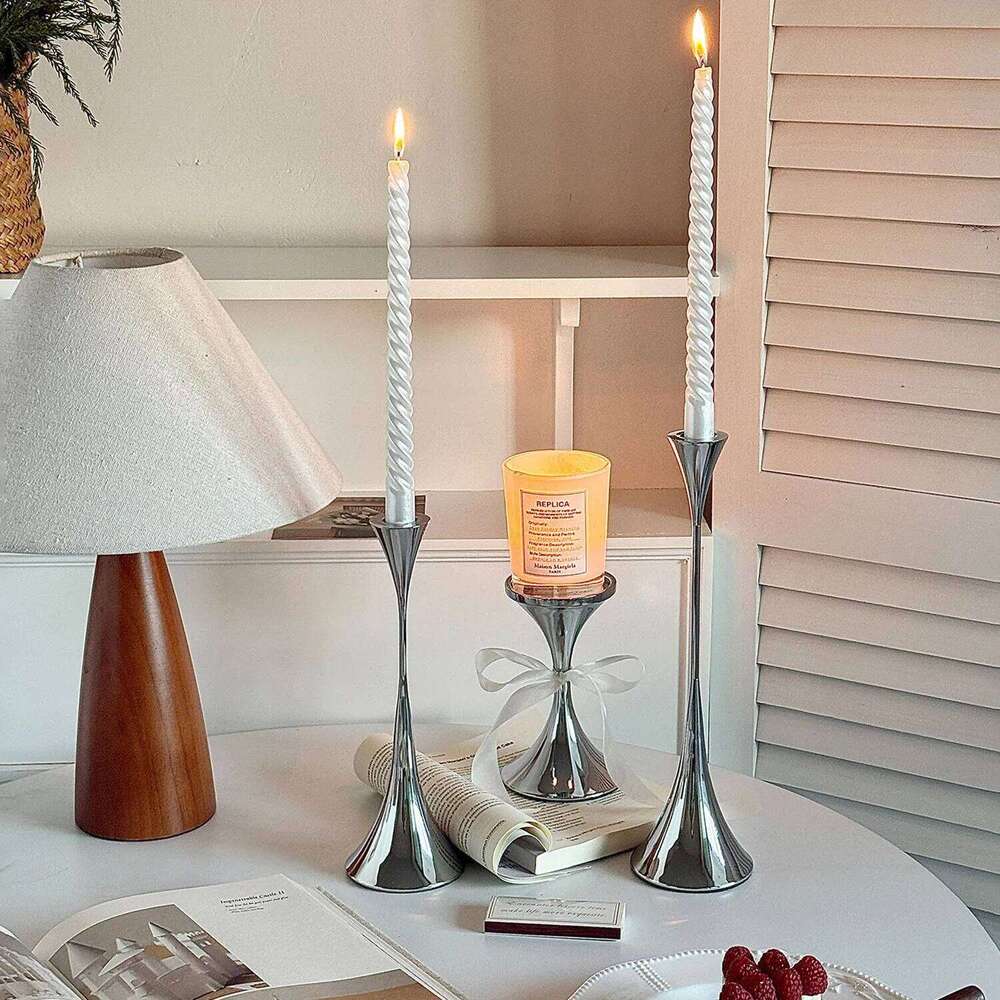Silver Candlestick,Wedding Party Christmas Festival Dining Table Decor,Home Metal Candle Holder Photo Prop Y260131