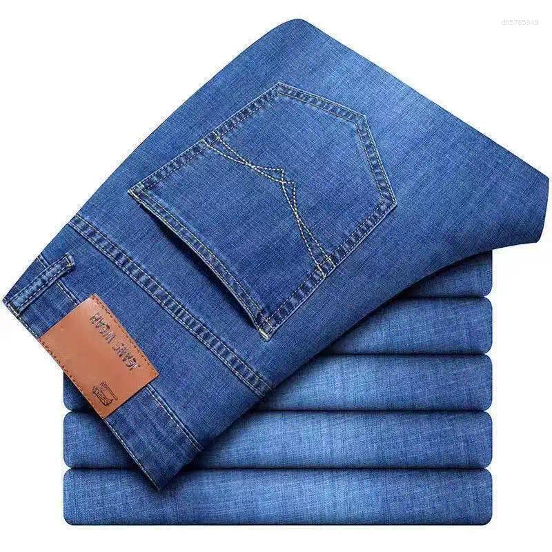 Ice Silk Elastic Men Jeans JEAN Business Breathable Casual Straight Stretch Fashion Classic Blue Black Work Denim Trousers Male Brand Clothing