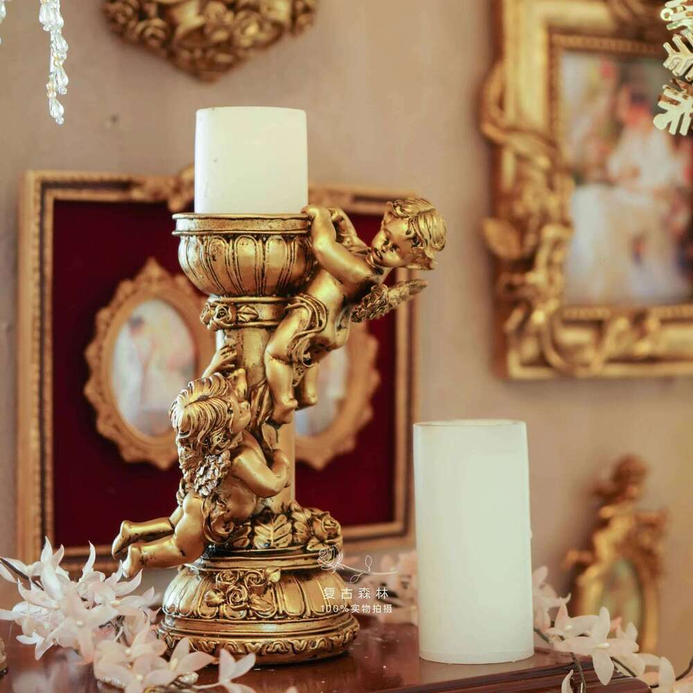 Retro Forest European-style Golden Angel Roman Column Candlestick Sculpture Resin Ornaments for Home Decoration Y260131