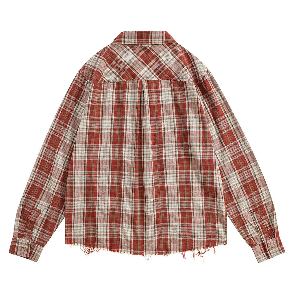 Color-Block Plaid Long-Sleeve Shirt Autumn Mens American Style Cool Trendy Frayed Loose Casual Versatile Cardigan Shirt