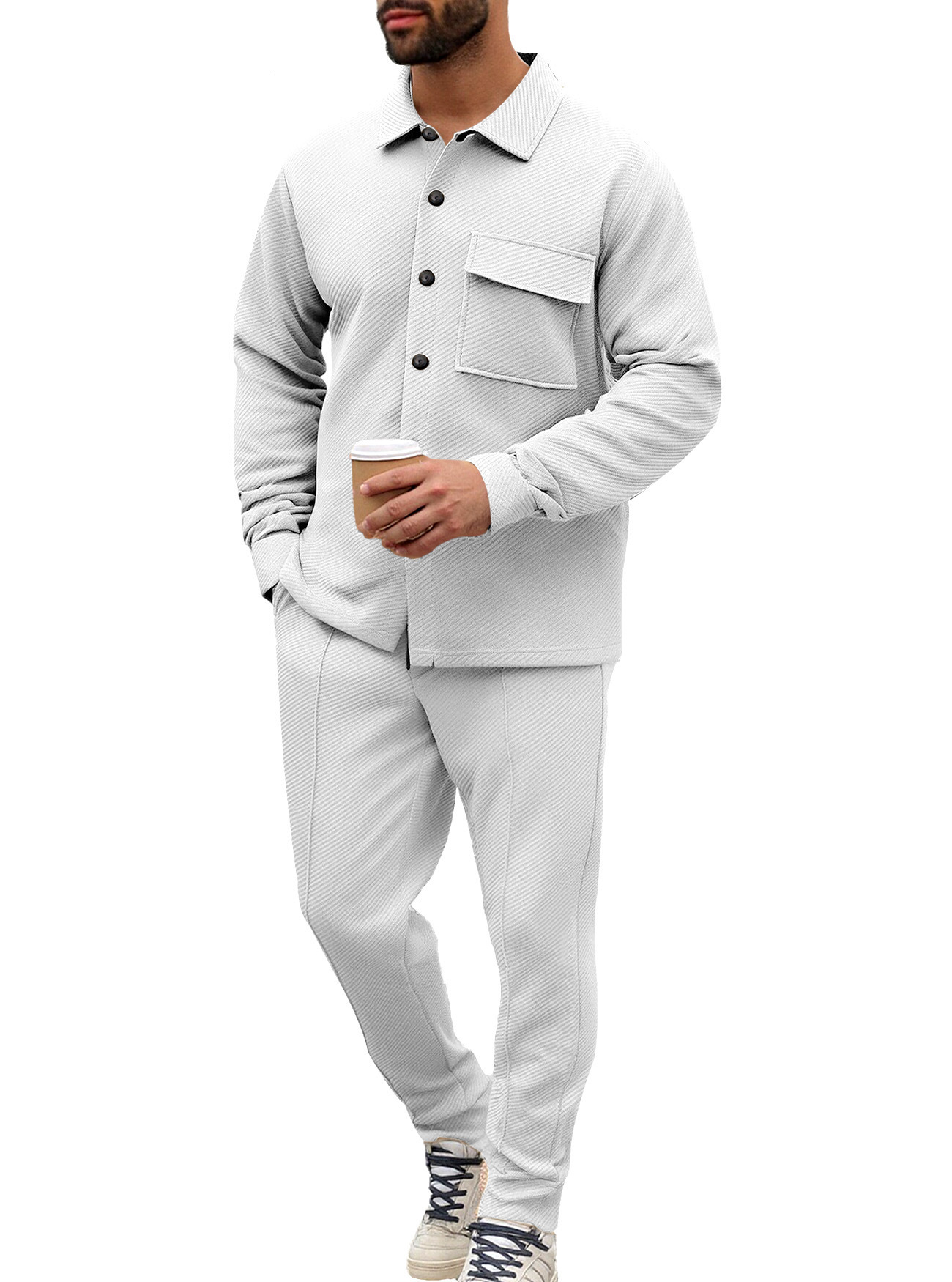 Mens Spring and Autumn Casual Jacquard Pocket Button Jacket and Sweatpants Set Versatile Sportswear