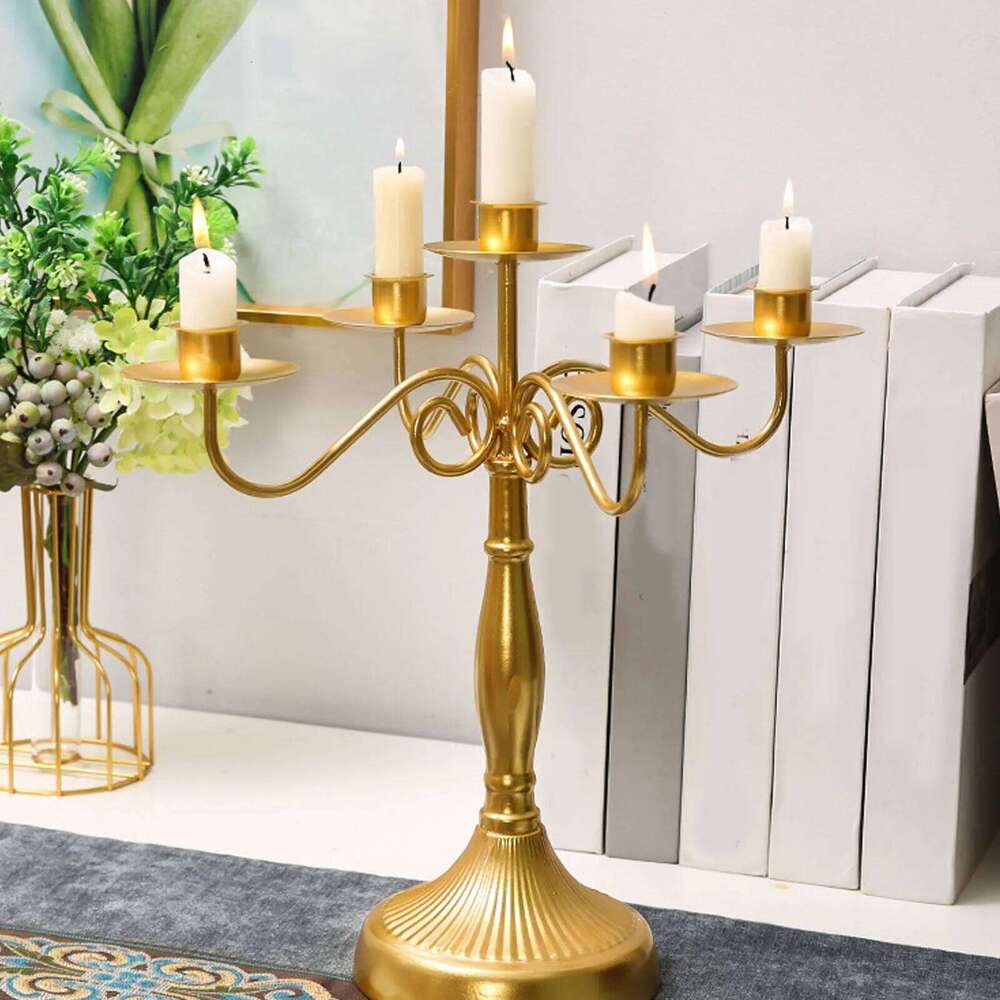 ZK50 European Style 5 Arms Iron Elegant Candle Stick Candelabra for Wedding Restaurant Gold Y260131