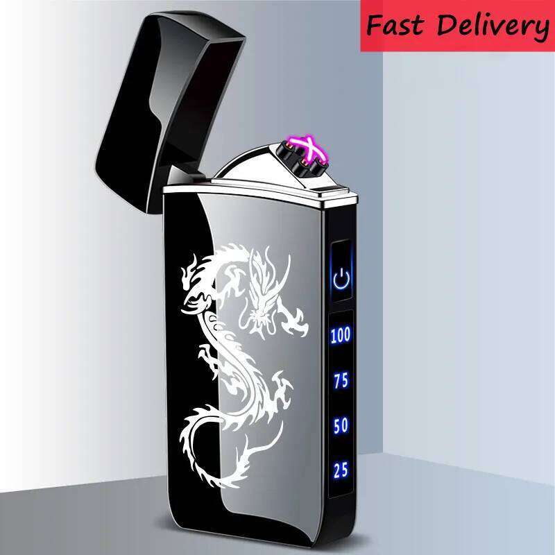 Touch Sensing Metal Electric Outdoor Windproof Lighter Dual Arc Flameless Plasma USB Rechargeable Lighters Digital Power Display W260202