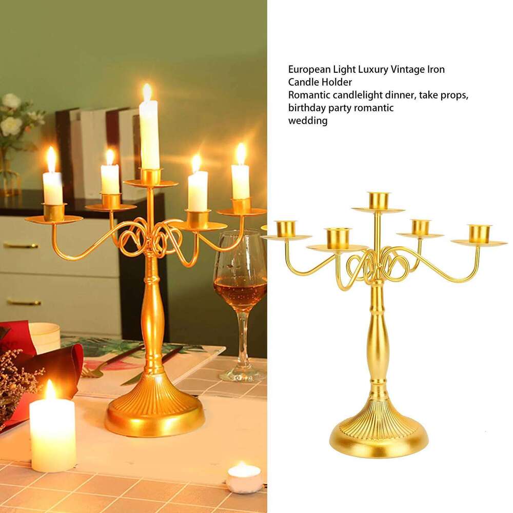 ZK50 European Style 5 Arms Iron Elegant Candle Stick Candelabra for Wedding Restaurant Gold Y260131