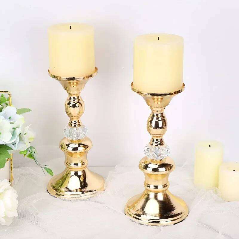 Set of 3 Sizes Gold Candlestick Vintage Holders Elegant Metal Crystal Pillar Candle Stands Y260131