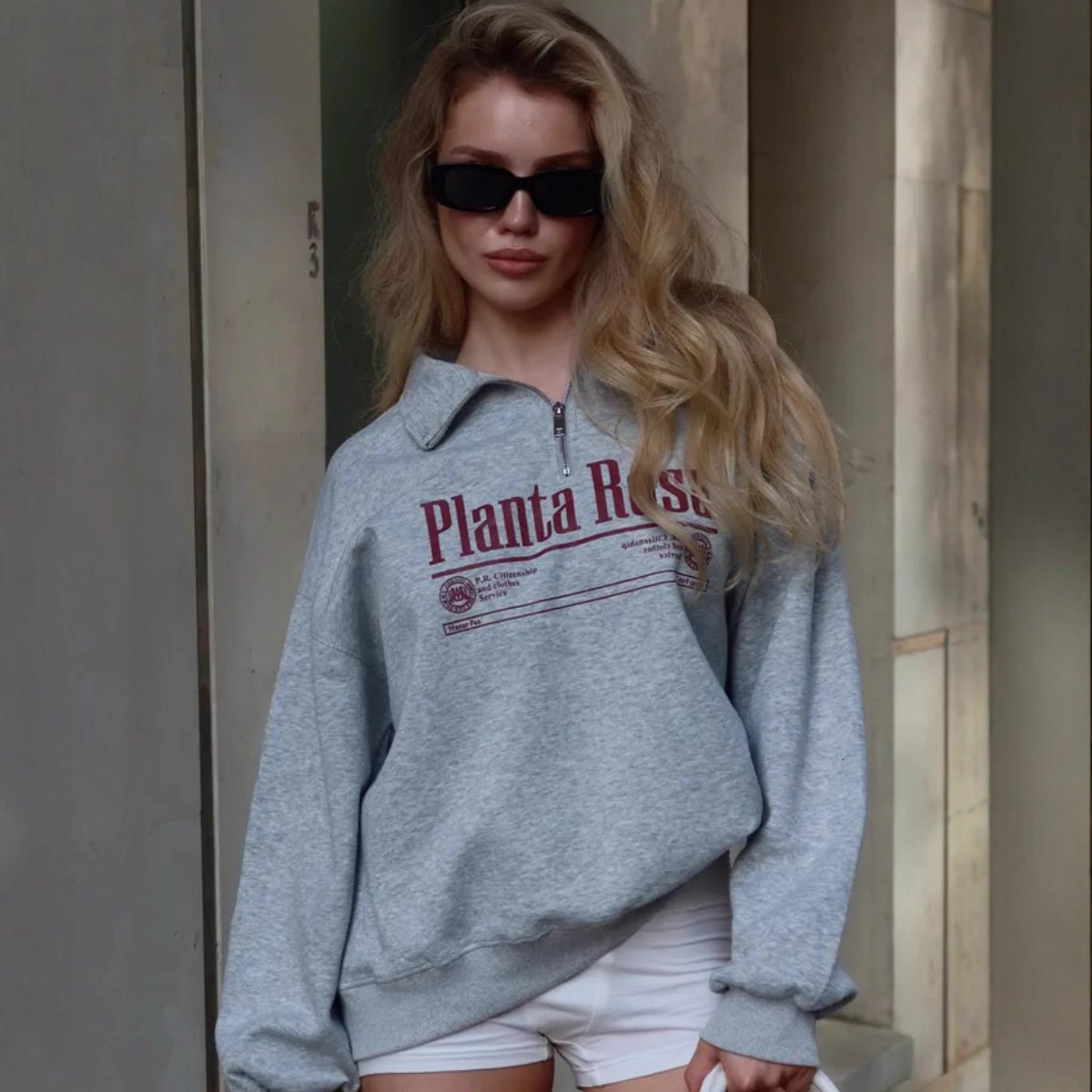 Autumn Winter American Style Lazy Letter Print Loose Versatile Trendy Warm Turndown Collar Halfzip Sweatshirt for Women 240718