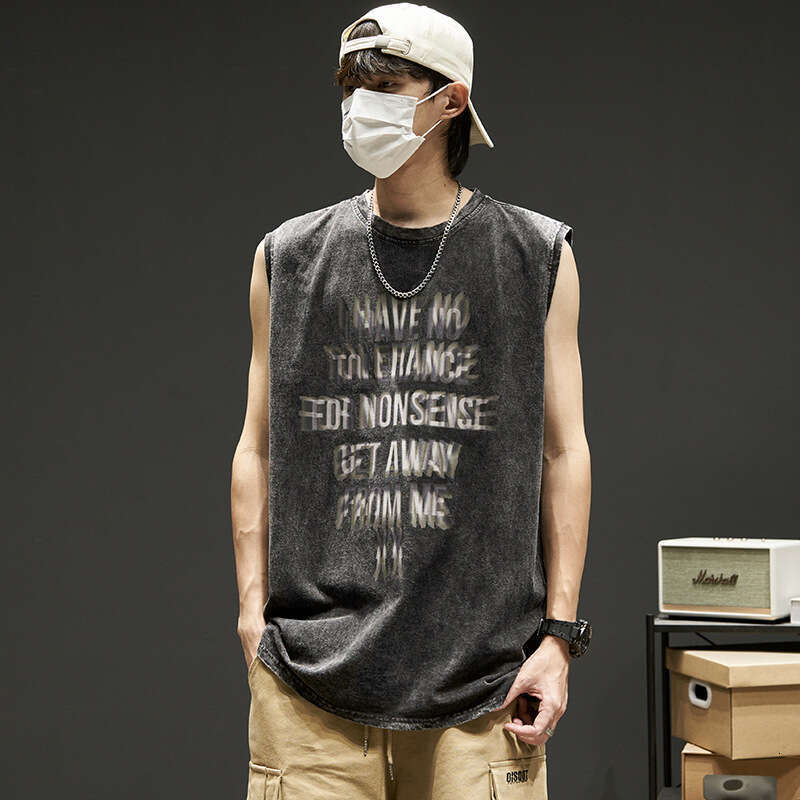 Men's Vest Trendy High Street Ins American Retro Cross Washed Black Sleeveless T-Shirt Outdoor Recreation Comfortable Soft Casual Lightweight Ver