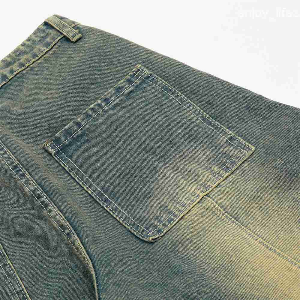American Style Vintage Washed Denim Scimitar Pants Men Heavy Stitching Split Deconstructed Loose Wide Leg Trousers Trendy