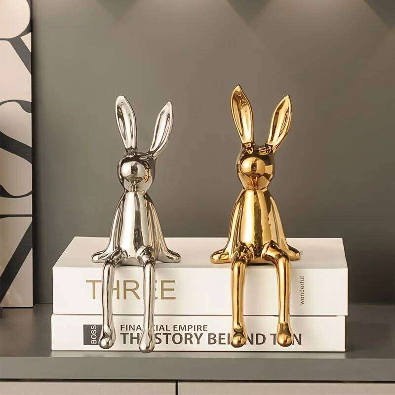 1PCS Ceramic Long-Eared Sitting Rabbit Room Ornaments Statue Luxury Decoration Accessories High-End Home Art Aesthetics Y260202