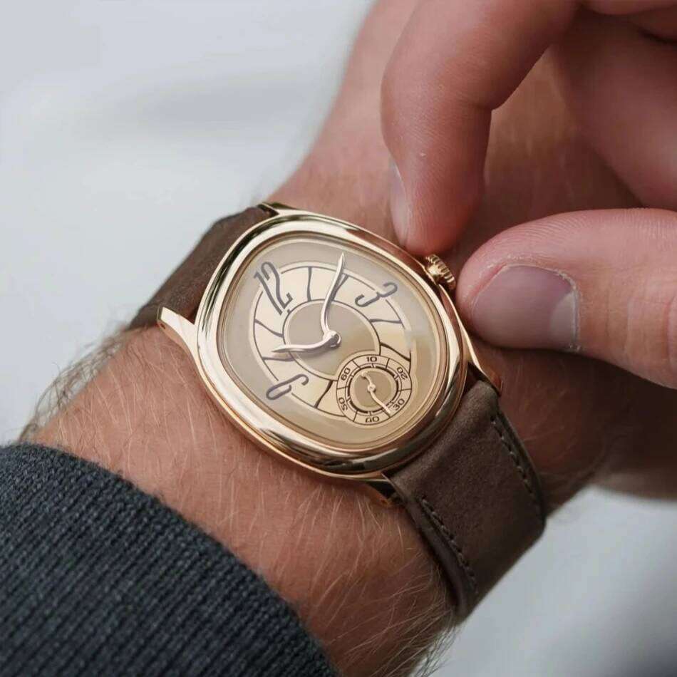 Style Millenary Men Gold Asymmetric Oval Dial Y2K Watch Leather Strap Luxury Casual Dress Ladies' Wristwatch 26Y0129