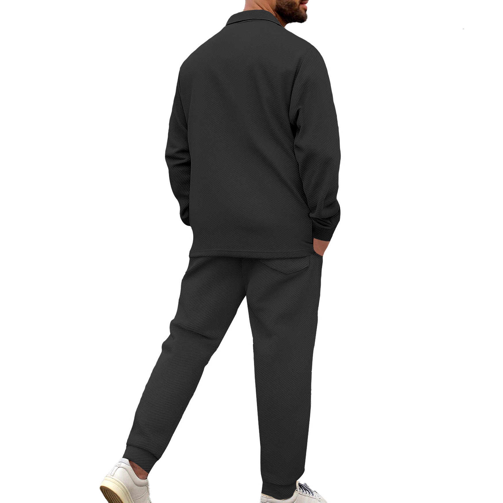 Mens Spring and Autumn Casual Jacquard Pocket Button Jacket and Sweatpants Set Versatile Sportswear