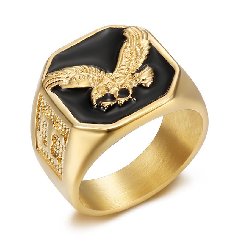 Hip Hop Square Black Oil Dripping Eagle Casting Animal Ring 316L Stainless Steel Gold Plated Jewelry