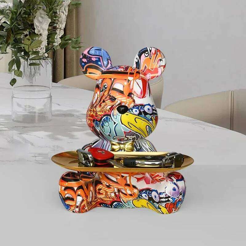 Trendy Colorful Graffiti Bear Abstract Resin Storage Statue Cute Doodle Animal Organizer Desk Holder for Home Office Ornaments Y260202