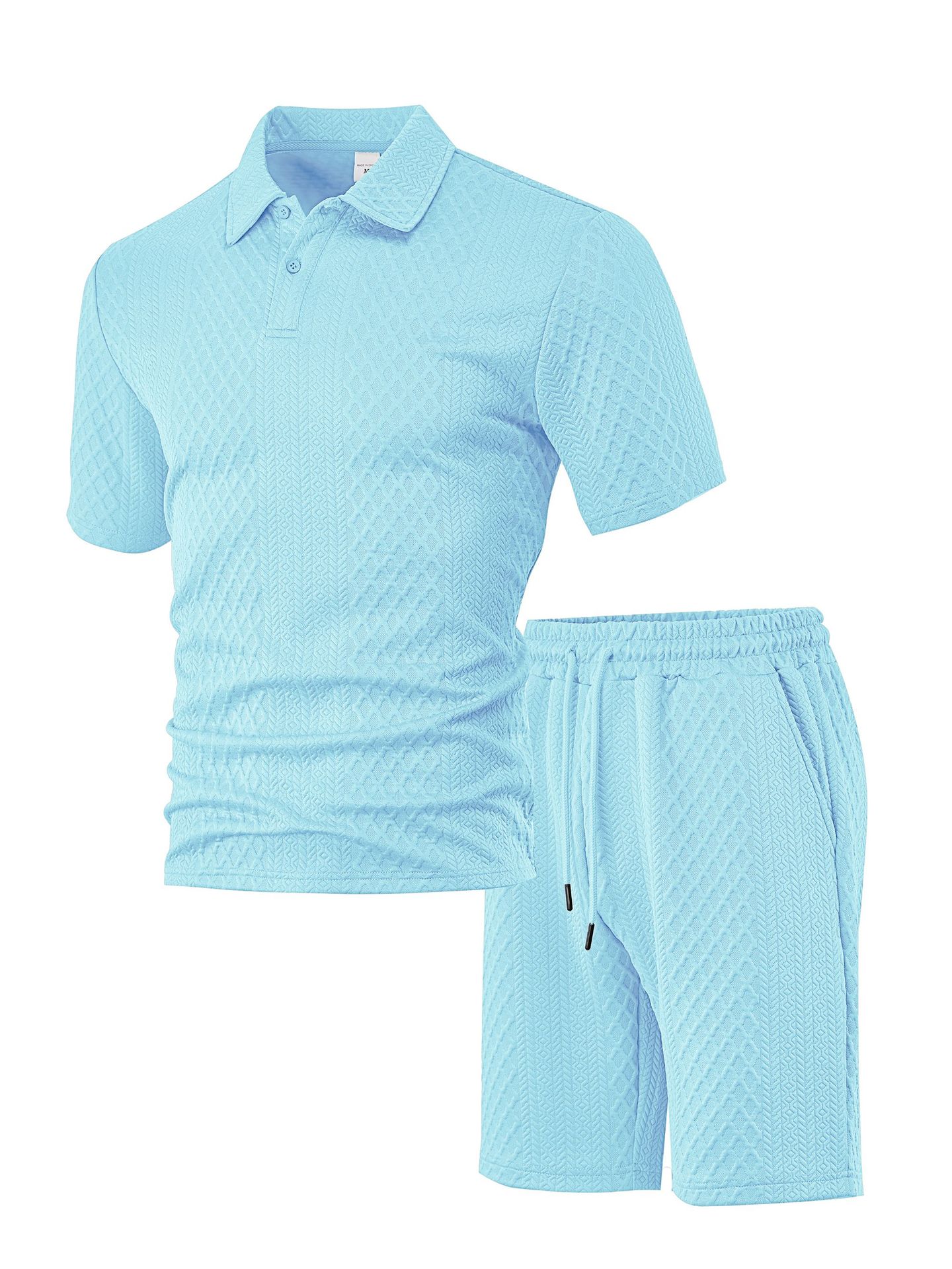 2026 New Men's summer jacquard men's casual sports thin lapel shirt short sleeve set