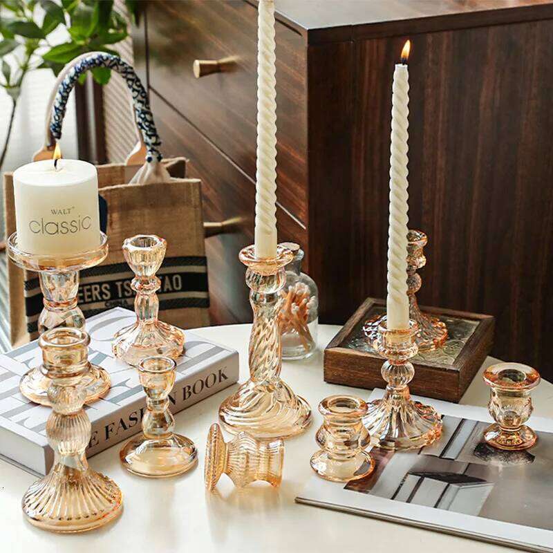 European Style Glass Holders Amber/Pink Candlestick Home Decoration Ornament Candle Tray Atmosphere Props Y260131