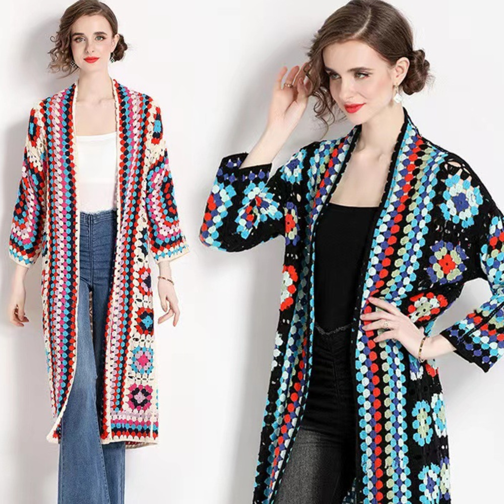 Womens cardigan wool sweater hand crocheted beach jacket loose and irregular tassel shirt tie mixed color solid color crochet jacket 240827